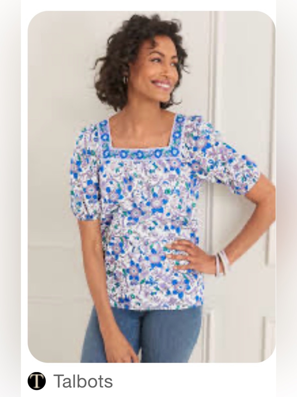 Talbots White Floral Square-Neck Puff Sleeve Blouse with Blue & Purple Print